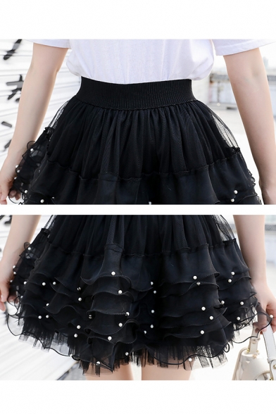 Summer Hot Popular Elastic Waist Beading Embellished Pleated Mini Layer Puffy Skirt