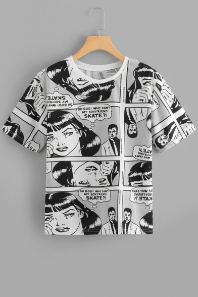 Summer Hot Popular Monochrome Comic Girl Print Short Sleeve T-Shirt