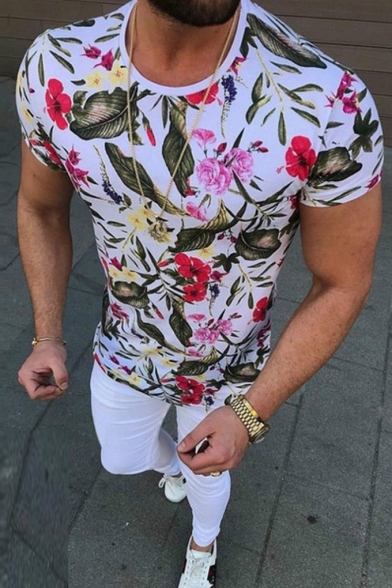 Summer Mens Fancy White Floral Printed Round Neck Short Sleeve Fit Tee