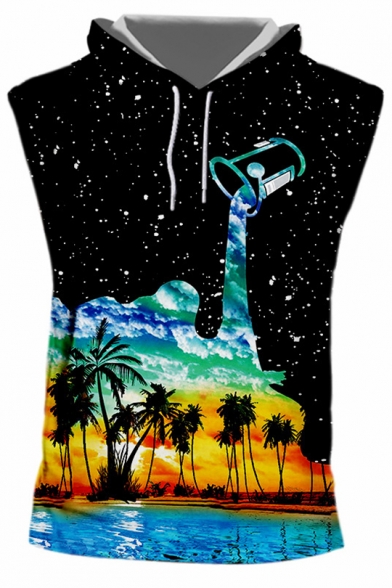 Summer Mens Fashion Sleeveless Black Starry Dropped Oil Painting Coconut Print Hooded Tank Top