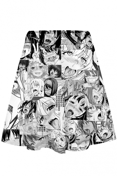 Summer New Trendy Womens Elastic Waist Multicolor Cartoon Print Pleated Mini Skater Skirt