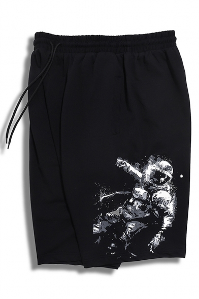Summer Trendy Figure Astronaut Printed Drawstring Waist Black Casual Loose Sport Sweat Shorts