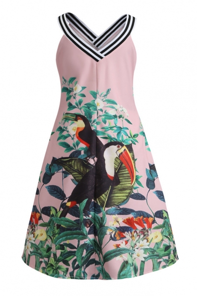 Summer Trendy Floral Bird Pattern V-Neck Sleeveless Mini Tank Dress for Women