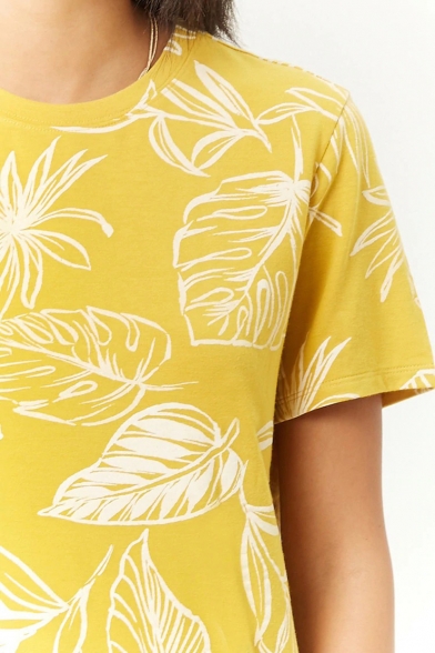 Summer Trendy Yellow Tropical Leaf Print Round Neck Short Sleeve Tee