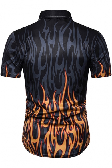 Summer Unique Stylish Ombre Fire Print Mens Black Short Sleeve Slim Shirt