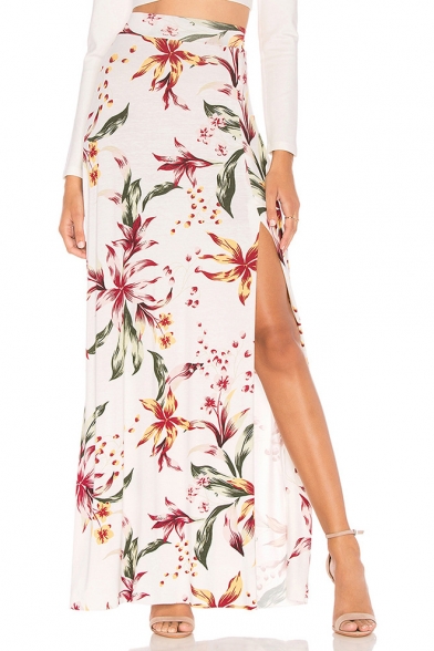 

Summer Women' Fashion White Floral Print Split Side Maxi High Waist Fitted Skirt, LM545762