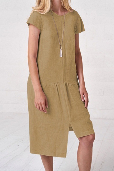 Summer Womens Basic Simple Plain Round Neck Short Sleeve Midi Linen Asymmetrical Dress