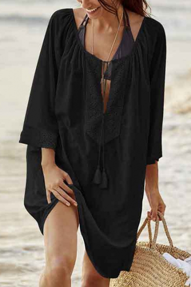 Summer Womens Fashion Simple Plain Long Sleeve Beach Bikini Cover Up Dress