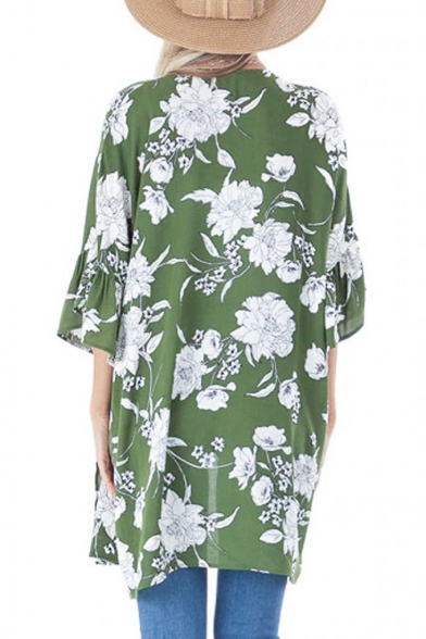 Summer Womens Holiday Green Floral Print Bell Sleeve Chiffon Beach Blouse