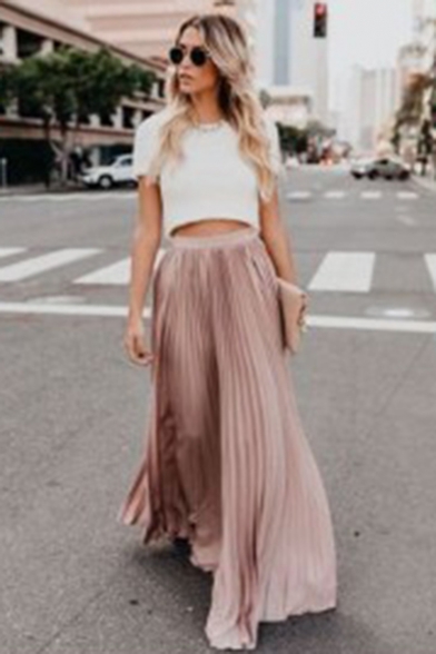 Summer Womens Hot Popular Plain High Rise Pleated Maxi Flared Skirt