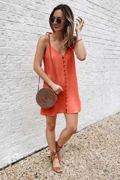 Summer Womens New Fashion Button Down Sleeveless Mini Casual Loose Cami Dress