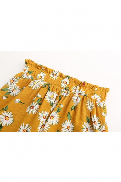 Summer Womens Popular Fancy Yellow Floral Print Loose Fit Paperbag Shorts
