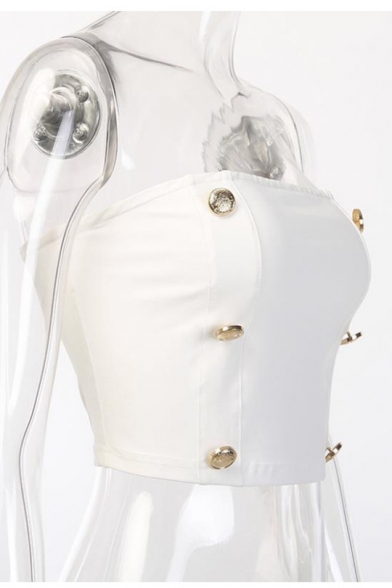 Summer Womens Sexy Gold Button Embellished White Slim Fit Crop Bandeau Top