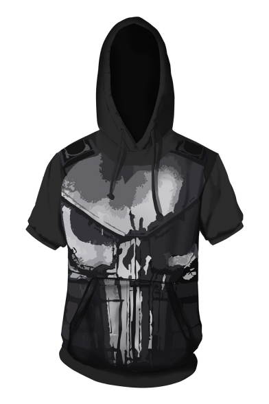 The Cool Skull Printed Short Sleeve Casual Loose Black Comic Hoodie
