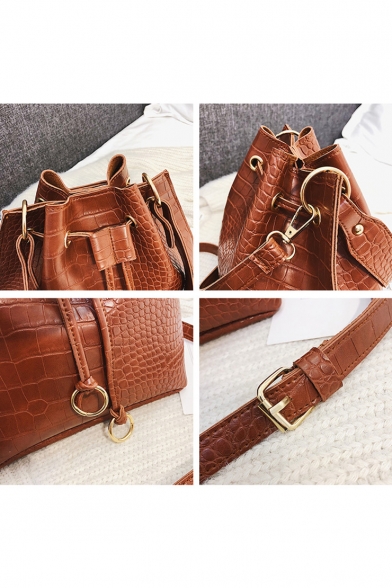 Trendy Crocodile Pattern PU Leather Drawstring Bucket Bag 22*24*13 CM