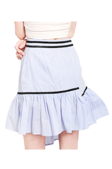 Trendy Summer Blue Stripped Print Contrast Trim High Waist Asymmetric Ruffle Hem Mini Skirt