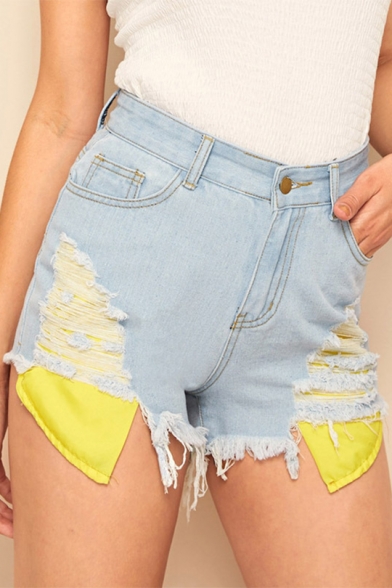 Unique Exposed Pocket Distressed Ripped Frayed Hem Light Blue Denim Shorts