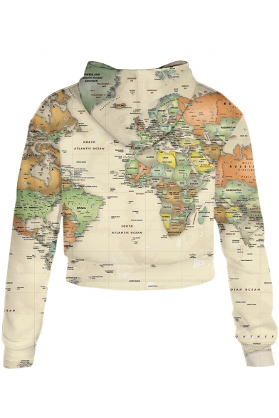 Unique Fashion World Map Print Long Sleeve Cropped Drawstring Hoodie