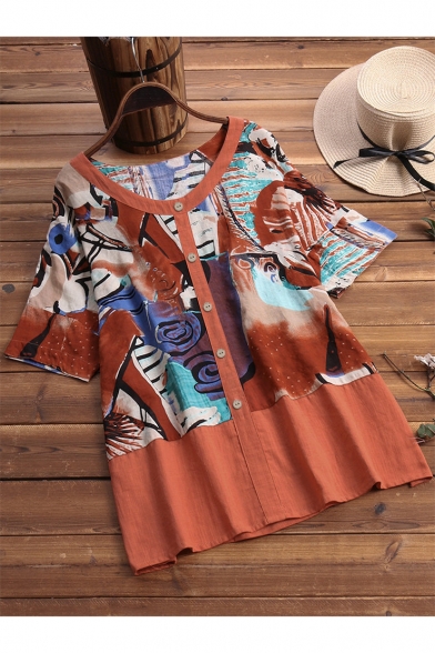 Vintage Art Painting Round Neck Half Sleeve Button Down Casual Linen Shirt Blouse