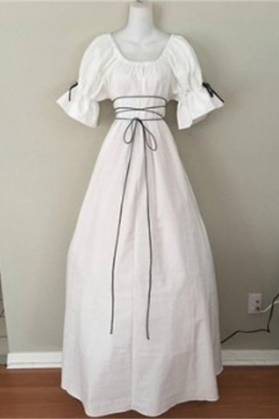 Vintage Royal Style Square Neck Puff Sleeve Tied Waist Maxi Swing Dress