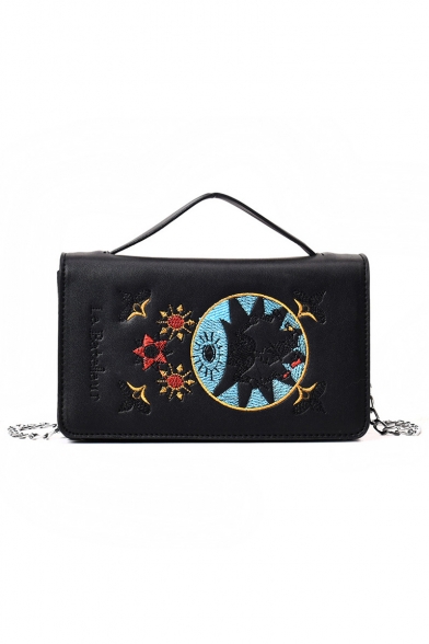 Women's Fashion Figure Letter Floral Embroidery Pattern Portable Crossbody Bag with Chain Strap 19*11*7 CM