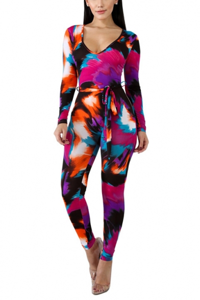 Women's Hot Fashion Sexy Strapless Long Sleeve Tie Dye Tie-Front Slim Fit Jumpsuit