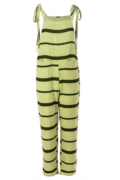 Women's Hot Fashion Striped Printed Bow Straps Sleeveless Pocket Front Pants Jumpsuits