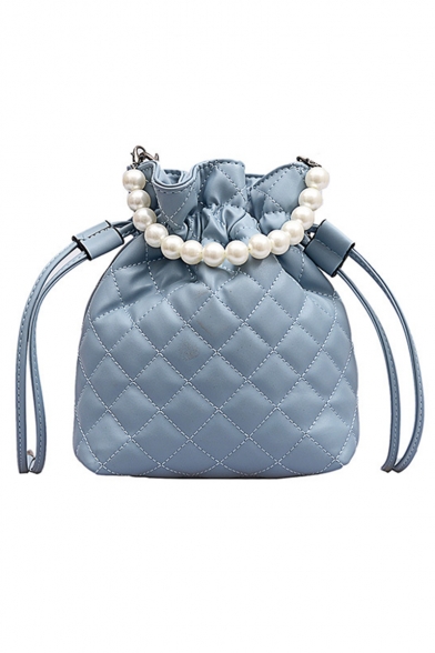 Women's Trendy Solid Color Diamond Check Quilted Pearl Handle Drawstring Bucket Bag 22*18*7 CM