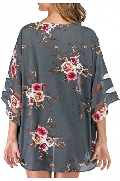 Womens Chic Floral Pattern Mesh Panel Sleeve Sun Protection Beach Kimono Blouse