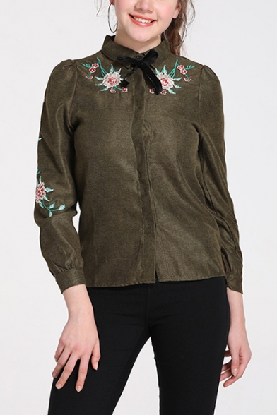 

Womens Chic Simple Floral Embroidery Bow-Tied Collar Long Sleeve Vintage Green Shirt, LM546914