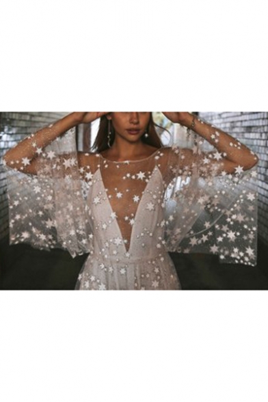 Womens Chic Stylish White Star Print Sheer Mesh Plunge V Neck Maxi Glitter Party Dress