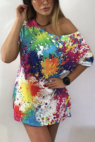 Womens Cool Colorful Splash-Ink Painting Oblique Shoulder Short Sleeve Longline Casual Tee