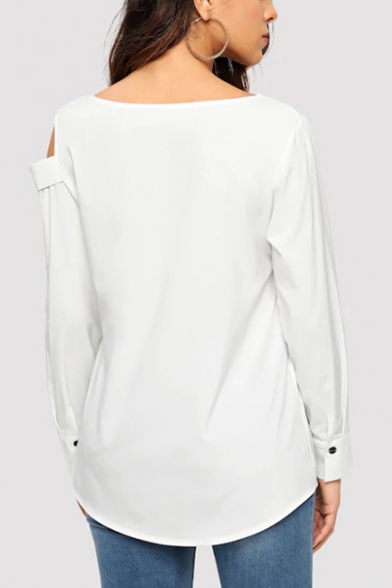 Womens Designer Unique Cold Shoulder Long Sleeve Oblique Button Front White Shirt Blouse