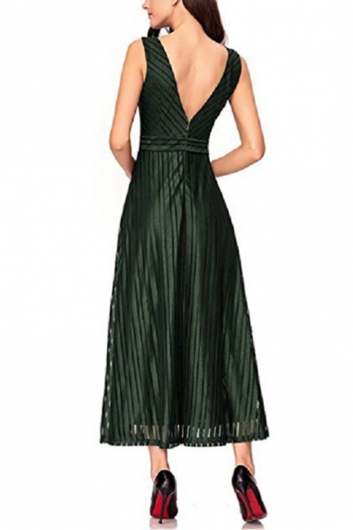 Womens Fancy Elegant V-Neck Sleeveless Maxi A-Line Dress