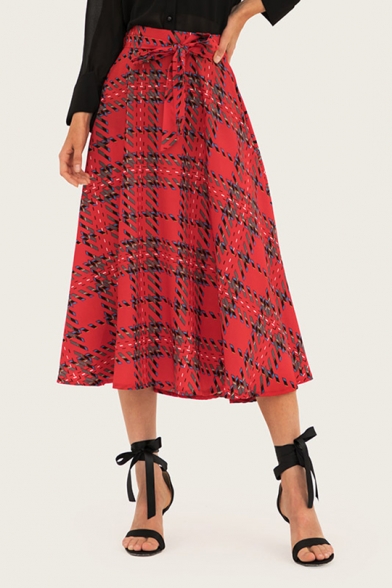 Womens Fancy Red Plaid Printed Bow-Tied Waist Maxi A-Line Swing Skirt