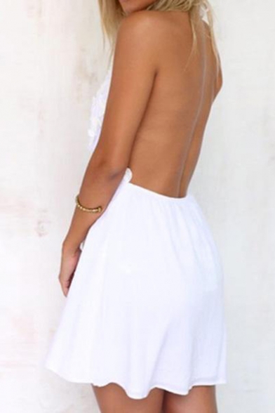 Womens Fancy Sexy Halter Plung V-Neck Sleeveless Open Back White Mini A-Line Dress