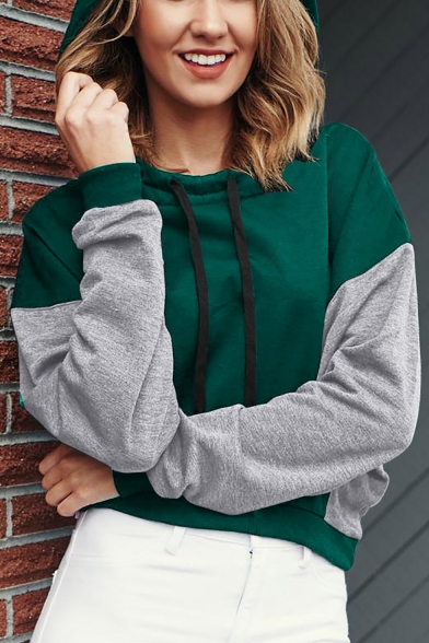 Womens Fashion Colorblock Long Sleeve Loose Leisure Cropped Hoodie