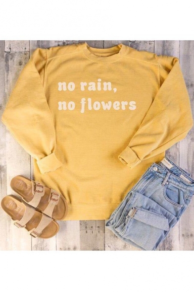Womens Fashion Letter NO RAIN NO FLOWERS Print Crewneck Long Sleeve Casual Loose Sweatshirt