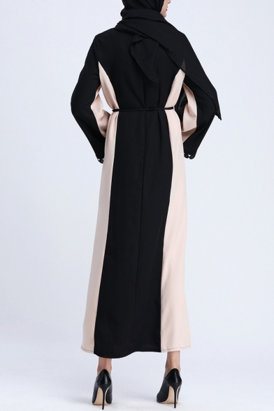 Womens Fashion Long Sleeve Pompom Trim Tie Waist Patch Maxi Shift Muslim Robe Dress