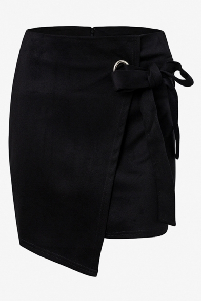 Womens Fashion Simple Solid Color Bow-Tied Side Zipper Back Mini Asymmetrical Wrap Skirt