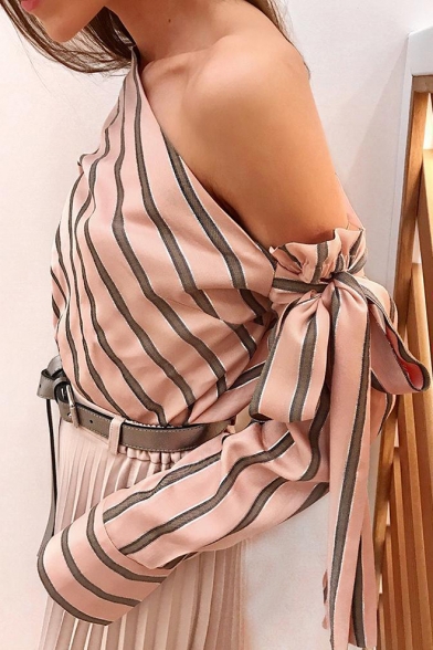 Womens Fashion Striped Printed Cold Shoulder Bow-Tied Long Sleeve Casual Blouse
