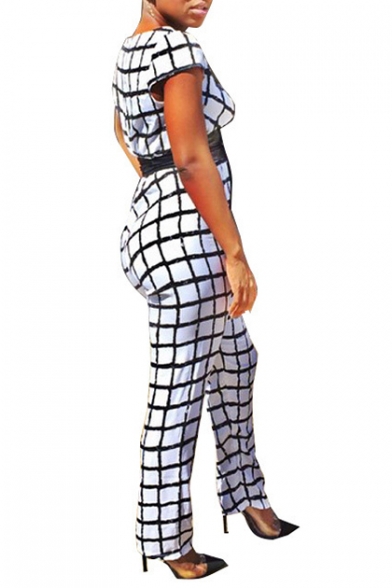 Womens Fashion White Check Plunge V Neck Short Sleeve Tie Waist Jumpsuits for Party
