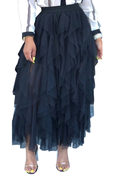 Womens Hot Fashion Asymmetric Hem Sheer Mesh High Waist Chic Maxi Cake Puffy Skirt