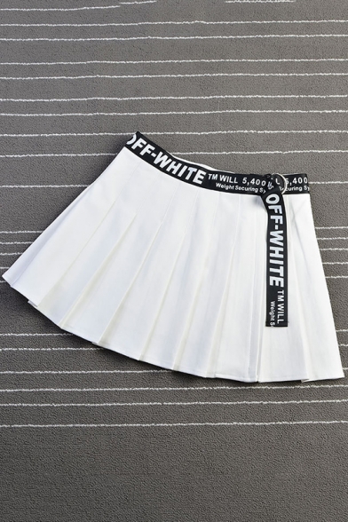 Womens Hot Fashion High Waist Letter Print Ribbon Embellished A-Line Pleated Mini Skirt