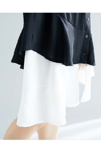 Womens Hot Fashion Stand Collar Pocket Front Button Down Asymmetric Hem Long Sleeve Casual Loose Midi Shirt Dress