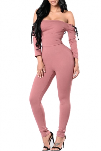 Womens Hot Popular Pinks Strapless Long Sleeve Lace Up Stretch Fitted Jumpsuits