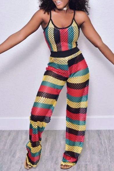 Womens Hot Popular Straps Sleeveless High Waist Multicolor Striped Cutout Tie Shoulder Holiday Jumpsuits