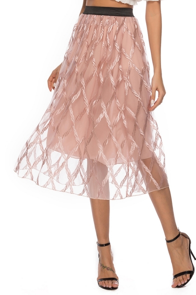 Womens Elastic Waist Layer Mesh Embroidered A-Line Midi Flared Skirt