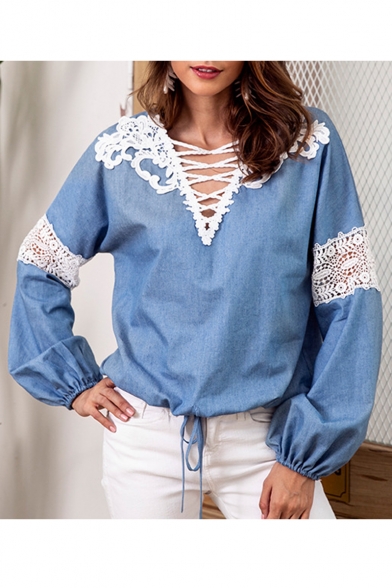 Womens Hot Stylish Blue V Neck Lace Patch Crochet Elastic Long Sleeve Crisscross Neck Tie-Front Blouse