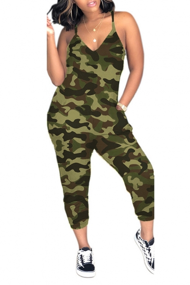 YIhujiuben Women Pants Button Down Casual Slim Fit Camo Jumpsuits Rompers